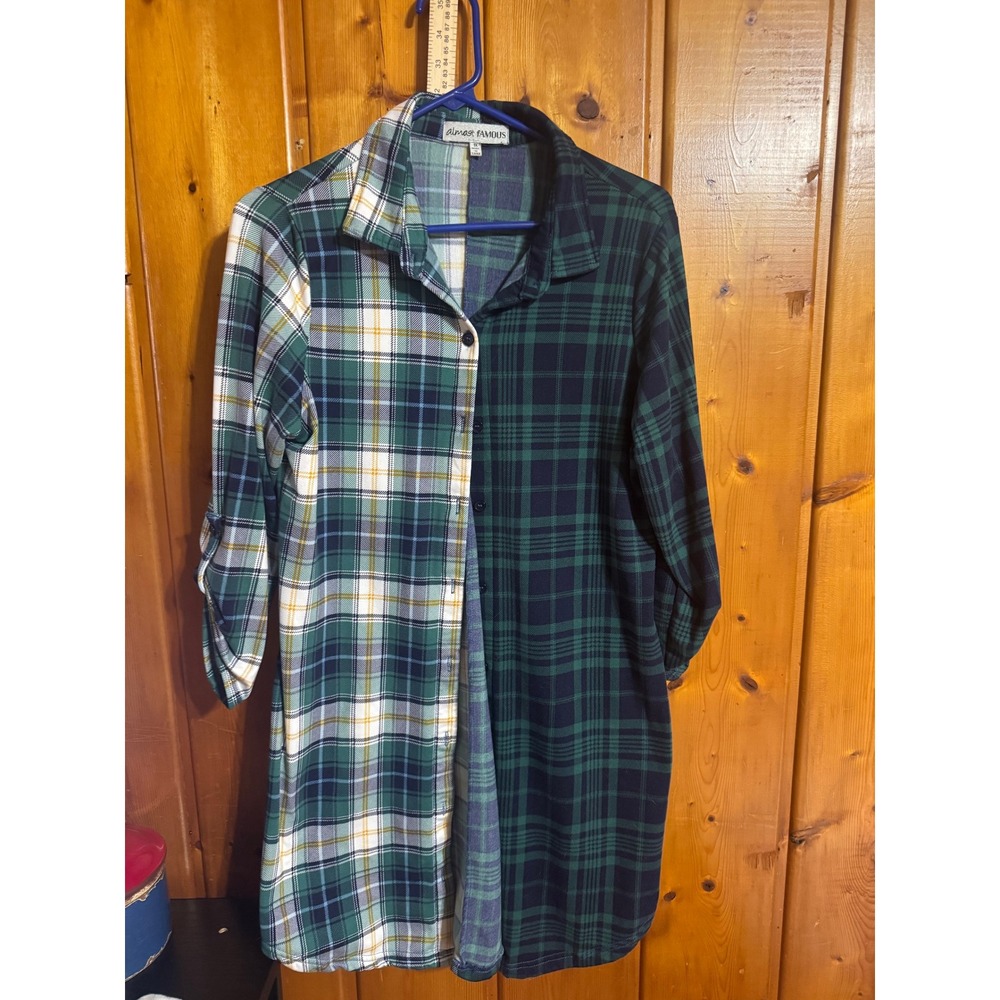 Almost Famous Plaid Colorblock Shirt Dress Green White Button Up Tunic 1X